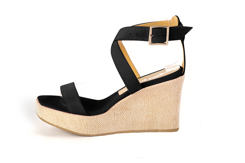Women's matt black elegant fully open cross straps sandals. .  - Profile view